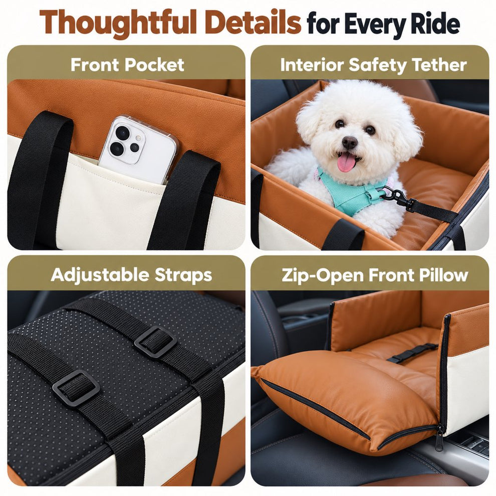 Orange center console dog bed pocket tether straps and fold-down pillow