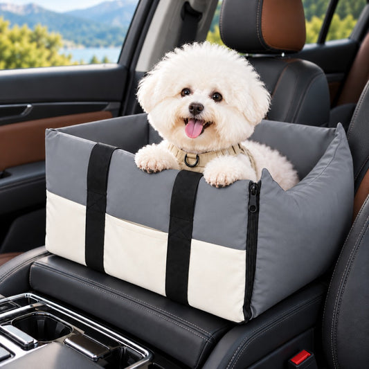 Gray center console dog car seat with a small white dog