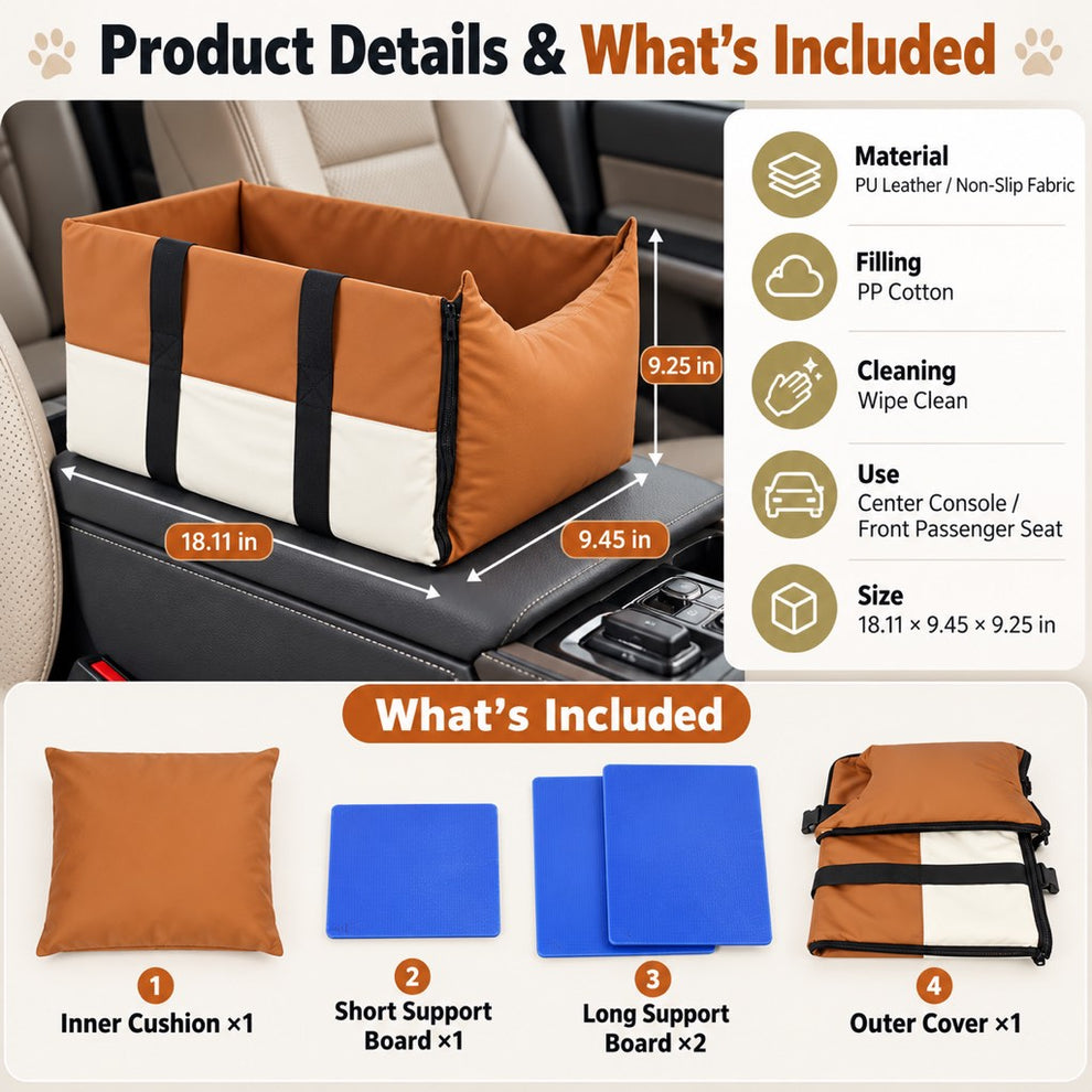 Orange center console dog bed materials and included components