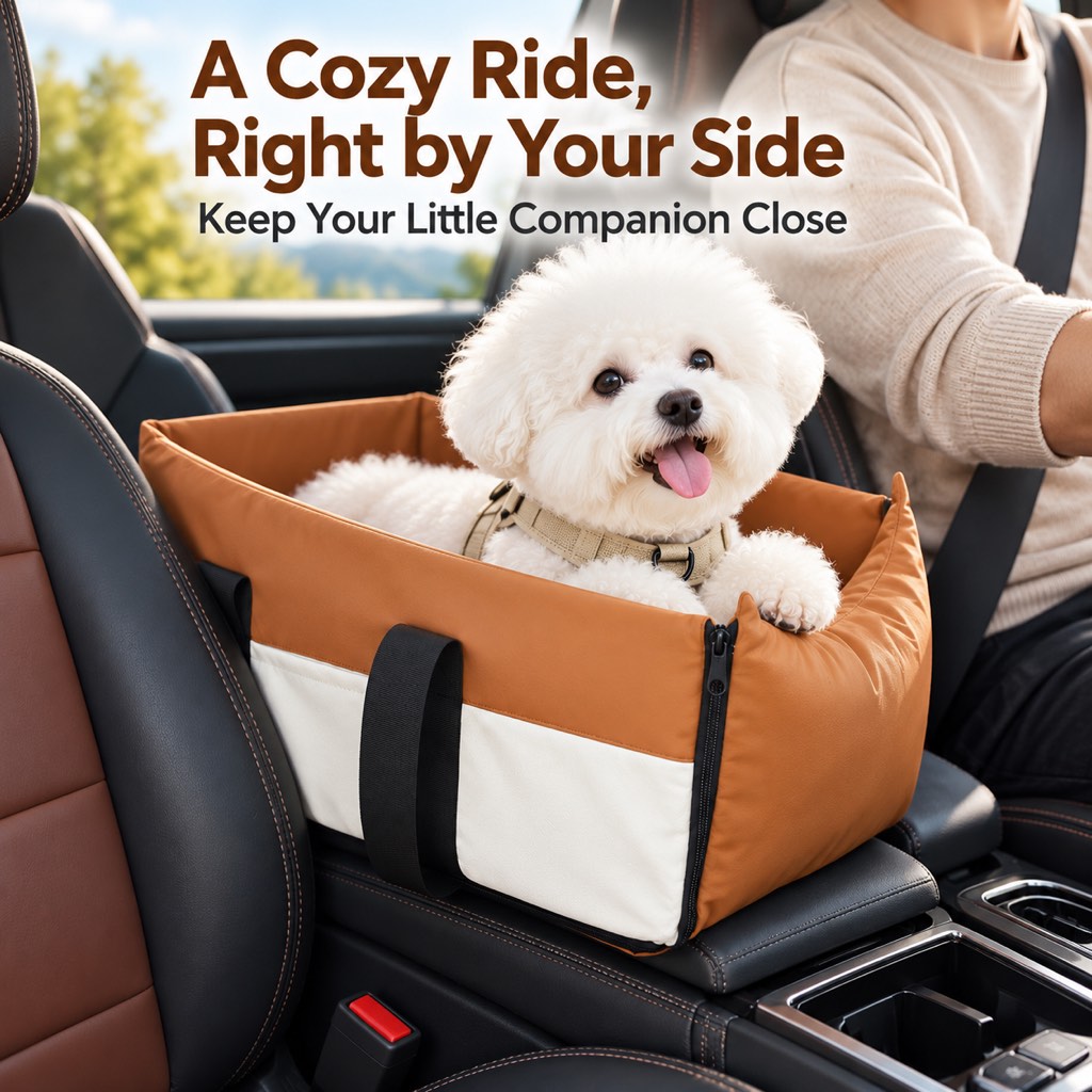 Small dog in an orange center console travel bed beside the driver