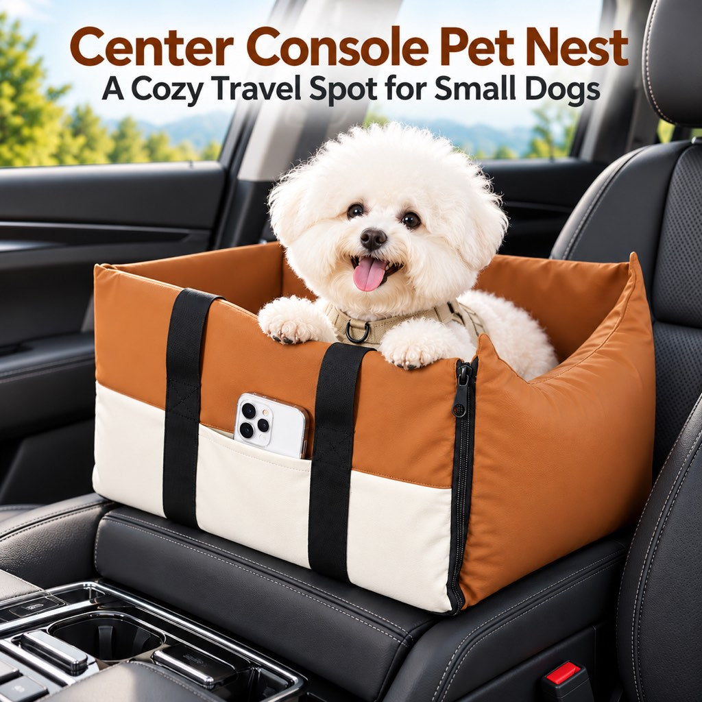 Orange center console pet bed with a small dog in a car