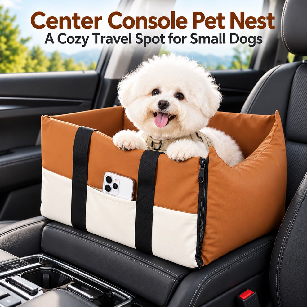 Orange center console pet bed with a small dog in a car