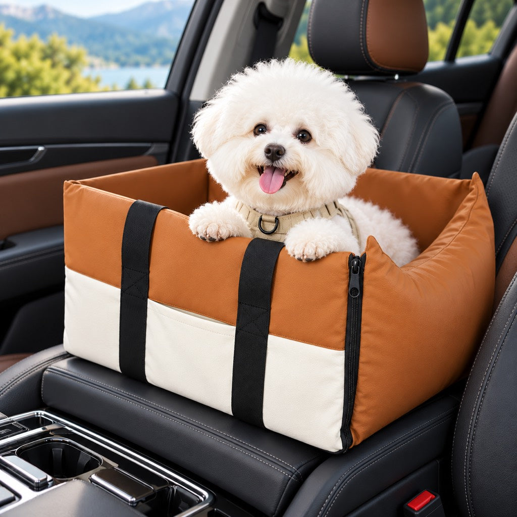 Orange center console dog car seat with a small white dog