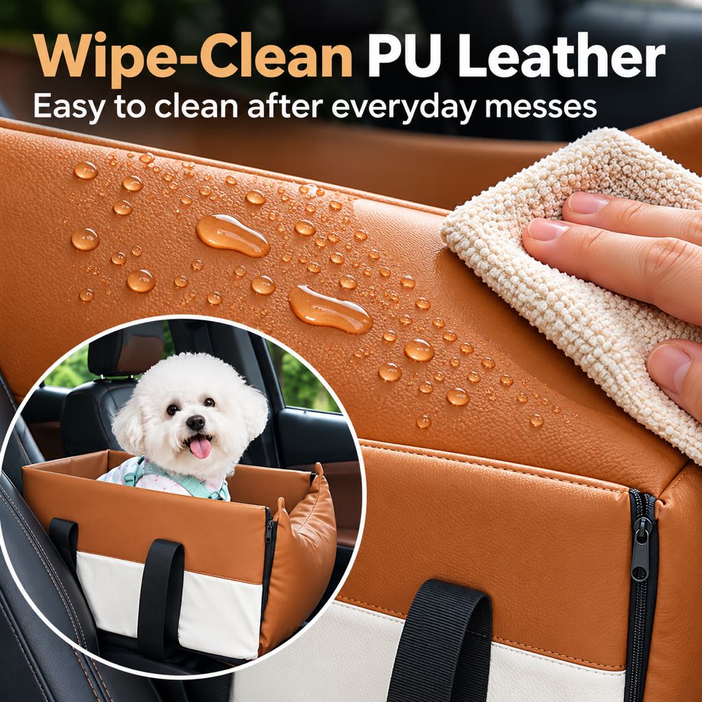 Wipe-clean PU leather on an orange center console dog bed