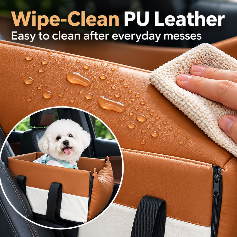 Wipe-clean PU leather on an orange center console dog bed