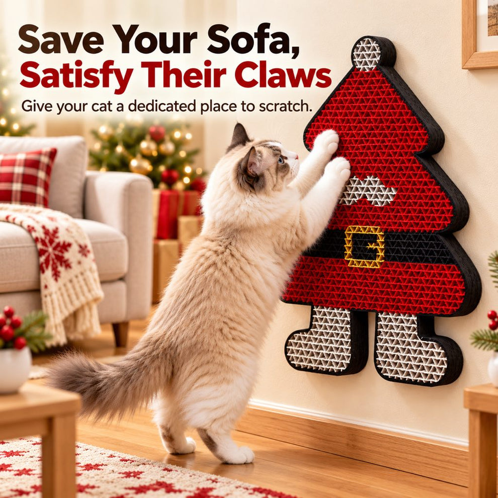 Indoor cat using a Christmas scratch board instead of furniture