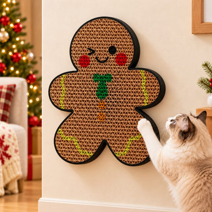 Paws in Awe Gingerbread Man Christmas cat scratcher in khaki