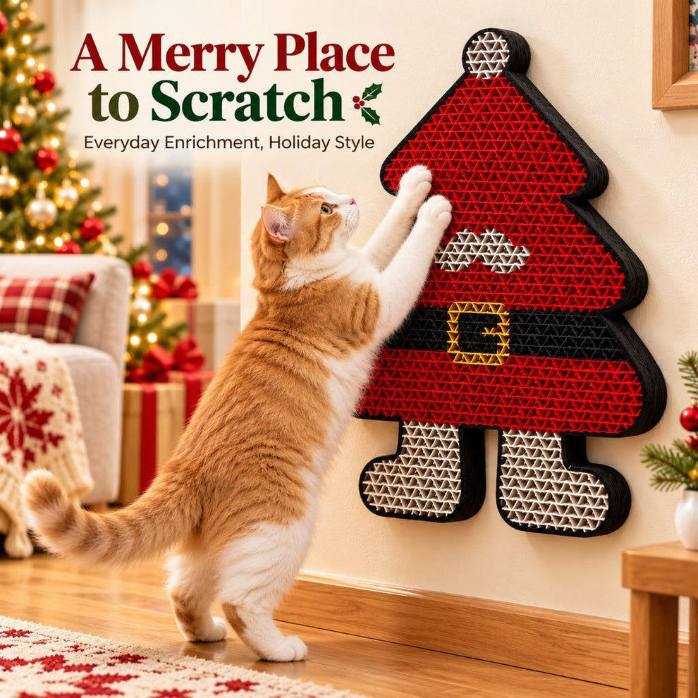 Festive Christmas cat scratcher in a holiday home setting