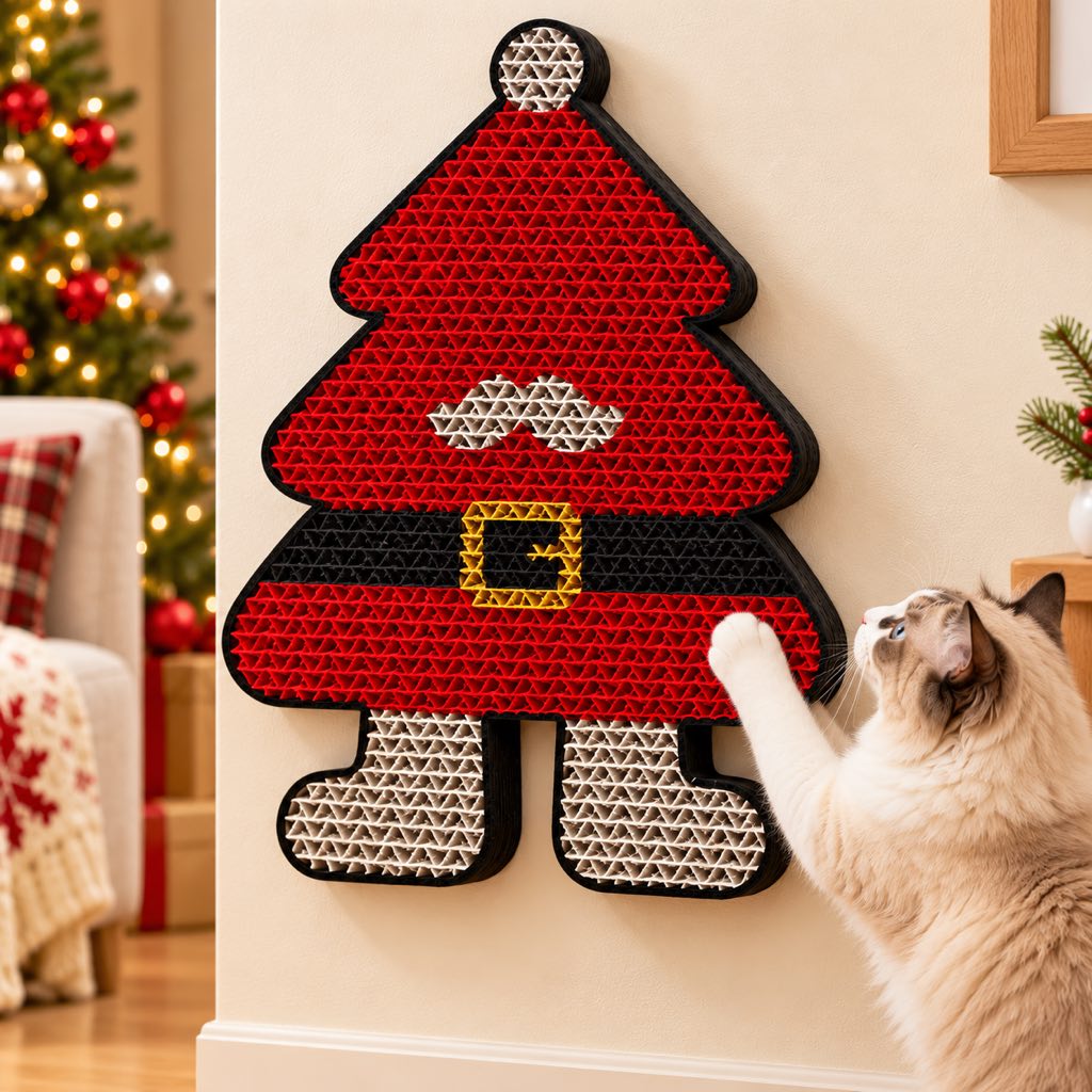 Paws in Awe Santa Tree Christmas cat scratcher in red