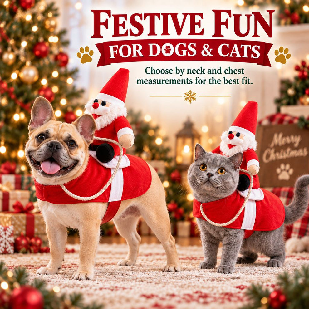Santa rider Christmas costume shown on a dog and cat