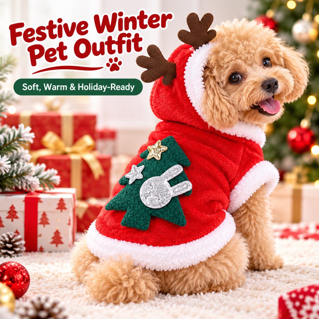 Holiday lifestyle image of red reindeer hoodie with Christmas tree back decoration