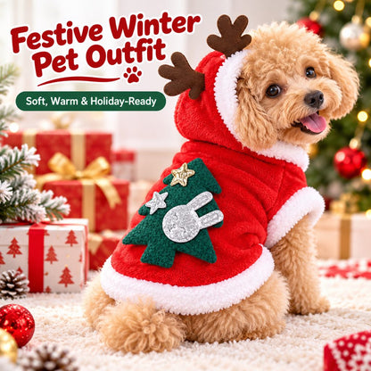 Holiday lifestyle image of red reindeer hoodie with Christmas tree back decoration