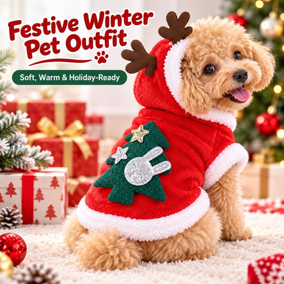 Holiday lifestyle image of red reindeer hoodie with Christmas tree back decoration