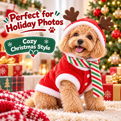 Hooded flannel reindeer dog outfit photographed with a striped scarf; scarf inclusion unconfirmed