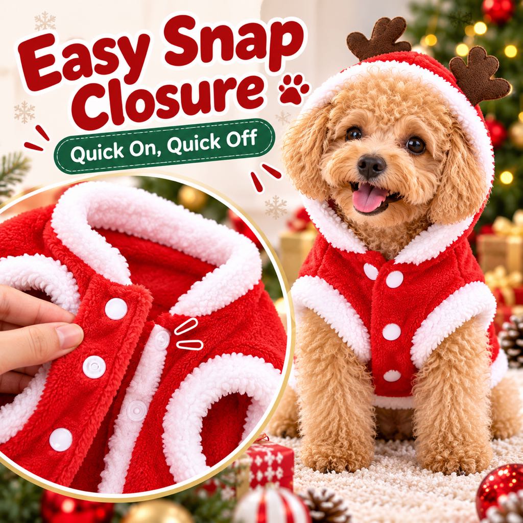 Front view of red reindeer dog hoodie with white trim and snap-button closure