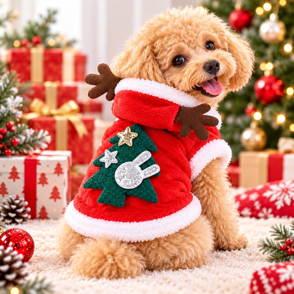 Two-leg reindeer dog hoodie with green Christmas tree back decoration