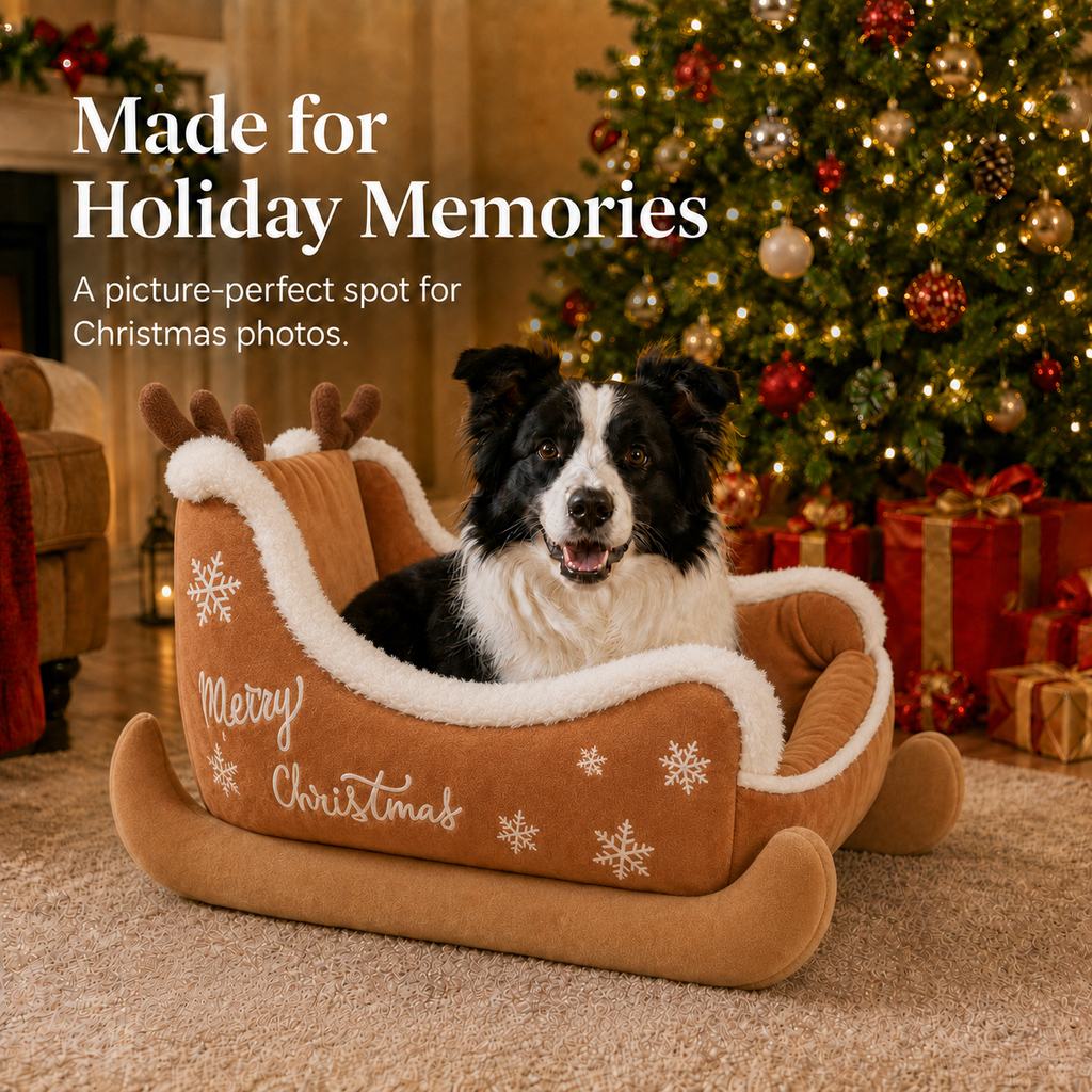 Christmas sleigh dog bed for holiday pet photos