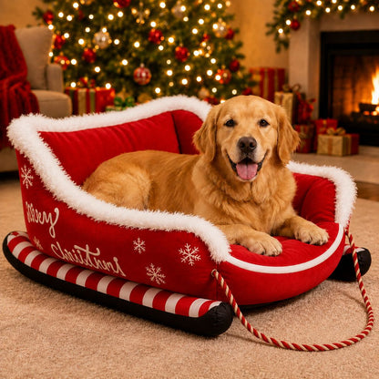 Christmas sleigh dog bed for holiday living rooms
