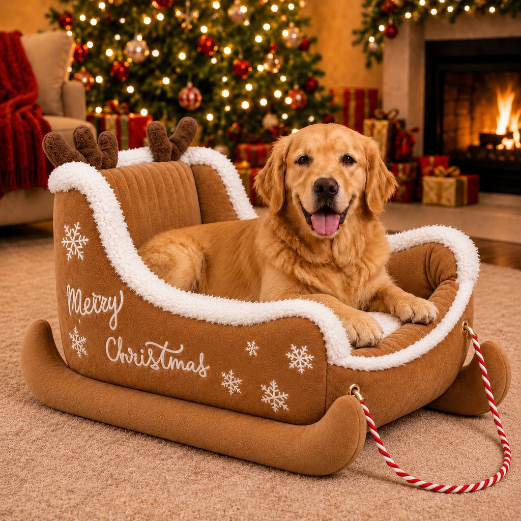 Christmas sleigh dog bed in holiday room scene