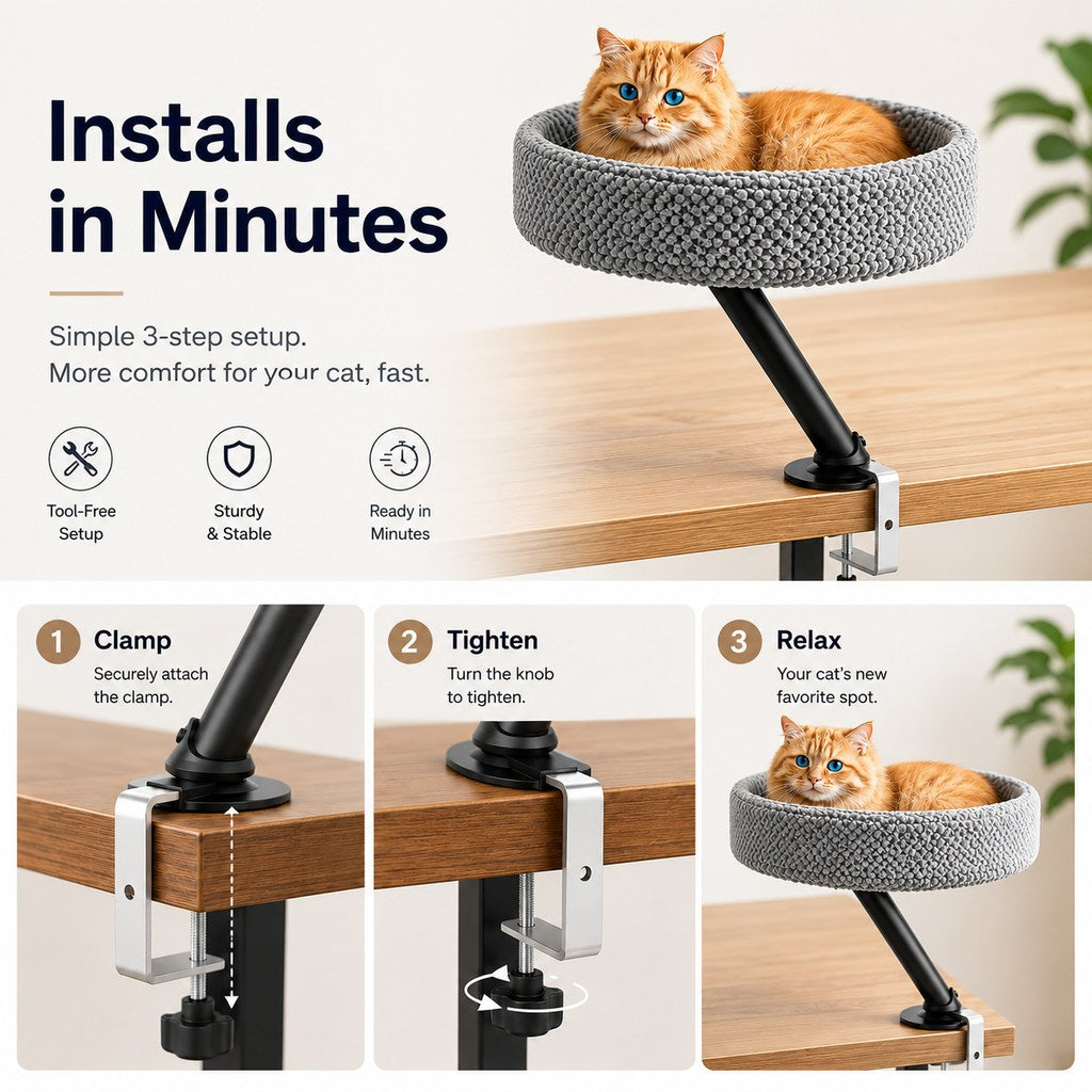 Paws in Awe Desk Mounted Cat Bed Perch for Home Office - Space Saving Elevated Cat Lounger with Soft Breathable Fabric for Cats to Relax Beside Your Workspace image 8