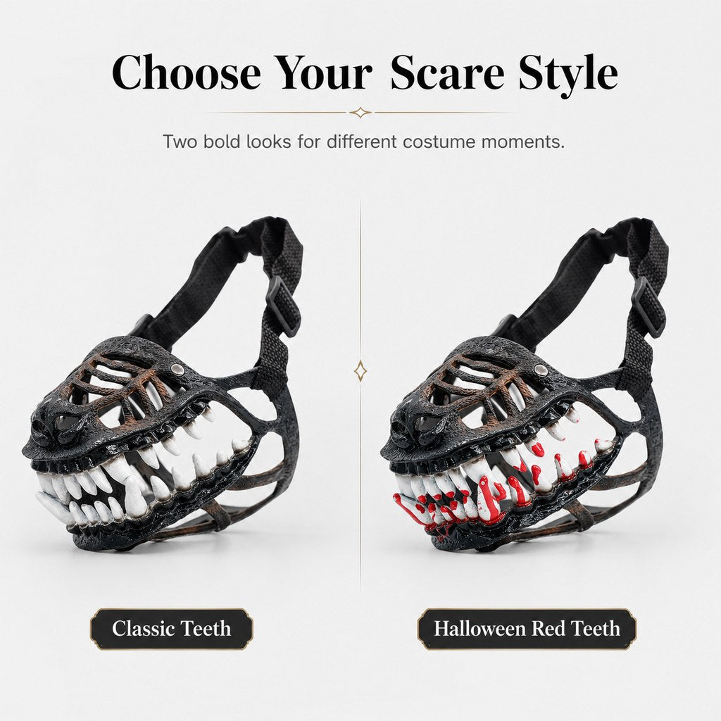 Classic Teeth and Halloween Red Teeth dinosaur dog muzzle style options