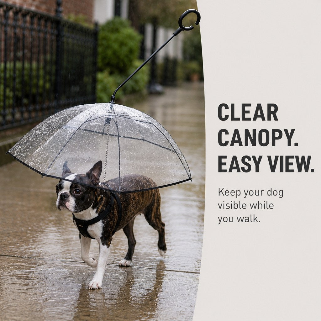 Clear canopy dog umbrella for easy viewing while walking