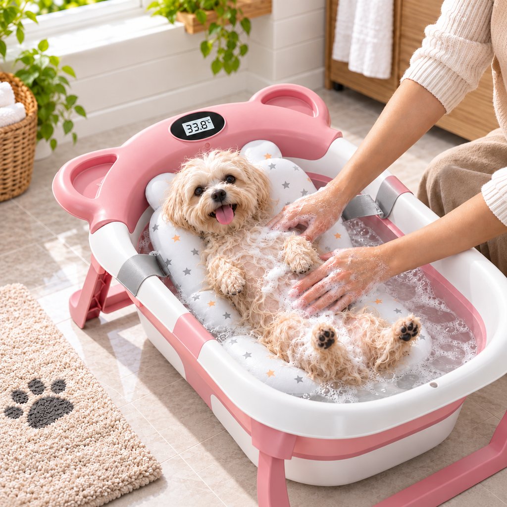 Blush Pink collapsible pet bathtub with bath cushion