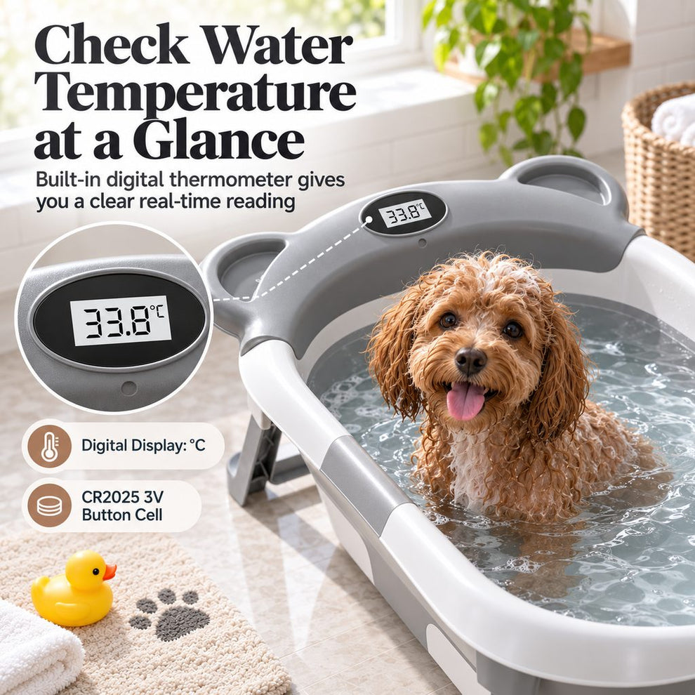 Built-in Celsius digital thermometer on collapsible pet bathtub