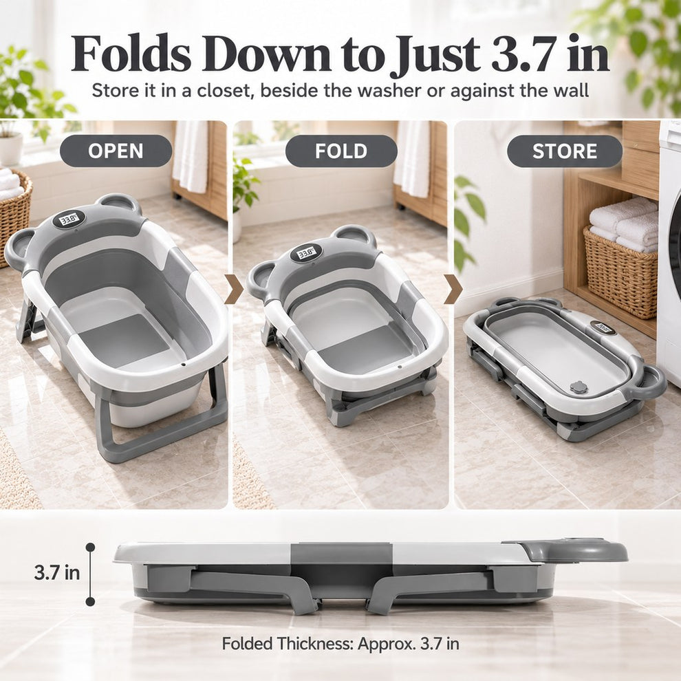 Collapsible pet bathtub folded to approximately 3.7 inches thick