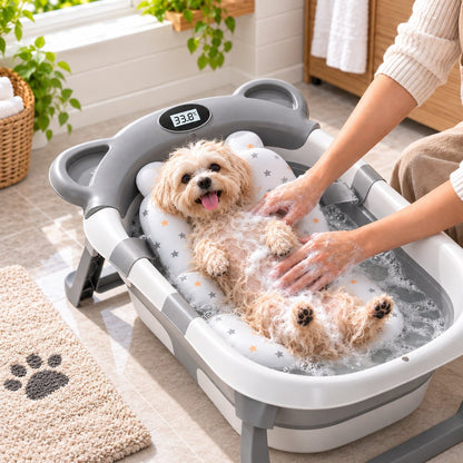 Gray collapsible pet bathtub with bath cushion