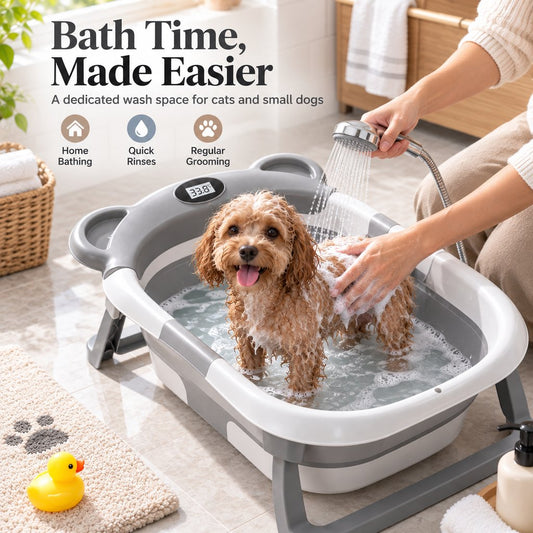 Collapsible pet bathtub for easier at-home dog and cat grooming