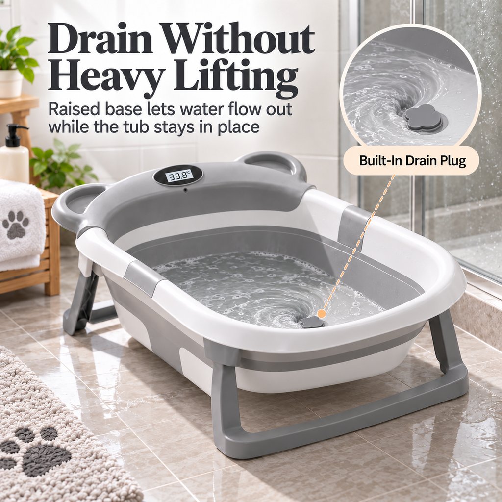 Inside bottom drain plug on collapsible pet bathtub