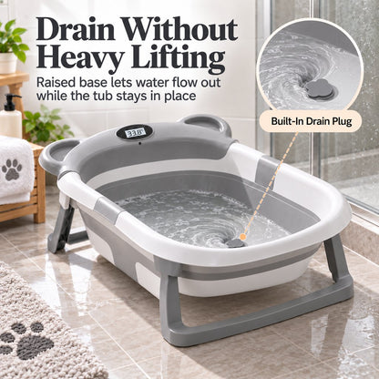 Inside bottom drain plug on collapsible pet bathtub