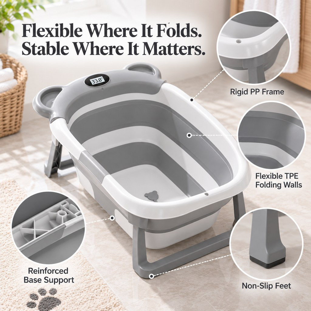 PP frame and flexible TPE walls on collapsible pet bathtub