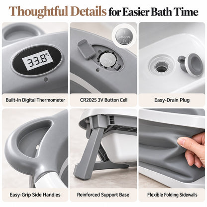 Digital thermometer, drain plug, handles and folding bathtub details