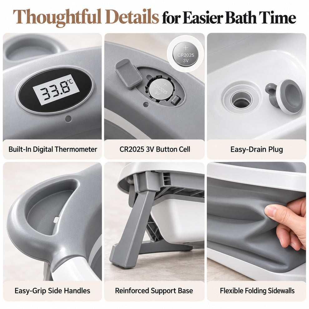Digital thermometer, drain plug, handles and folding bathtub details