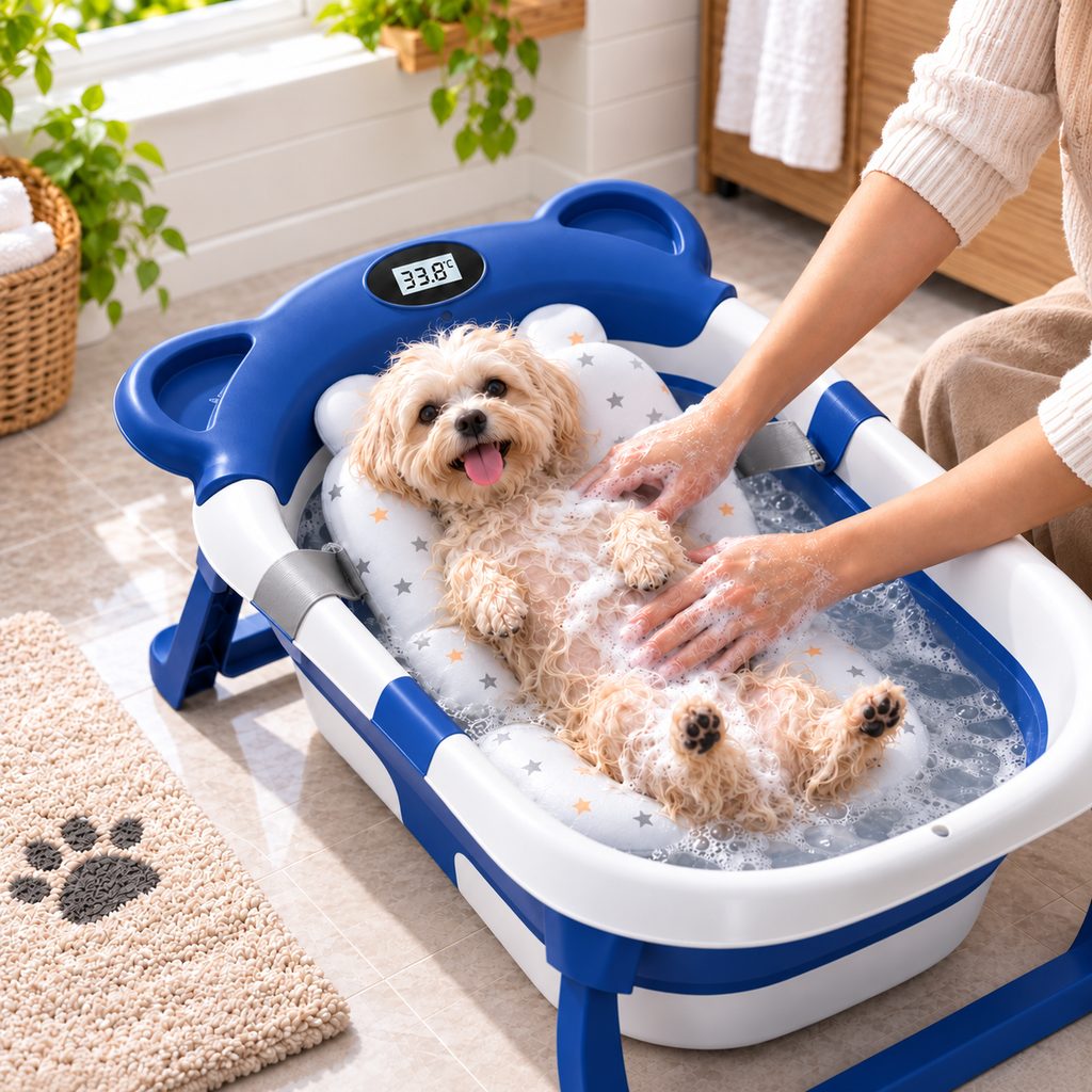 Royal Blue collapsible pet bathtub with bath cushion