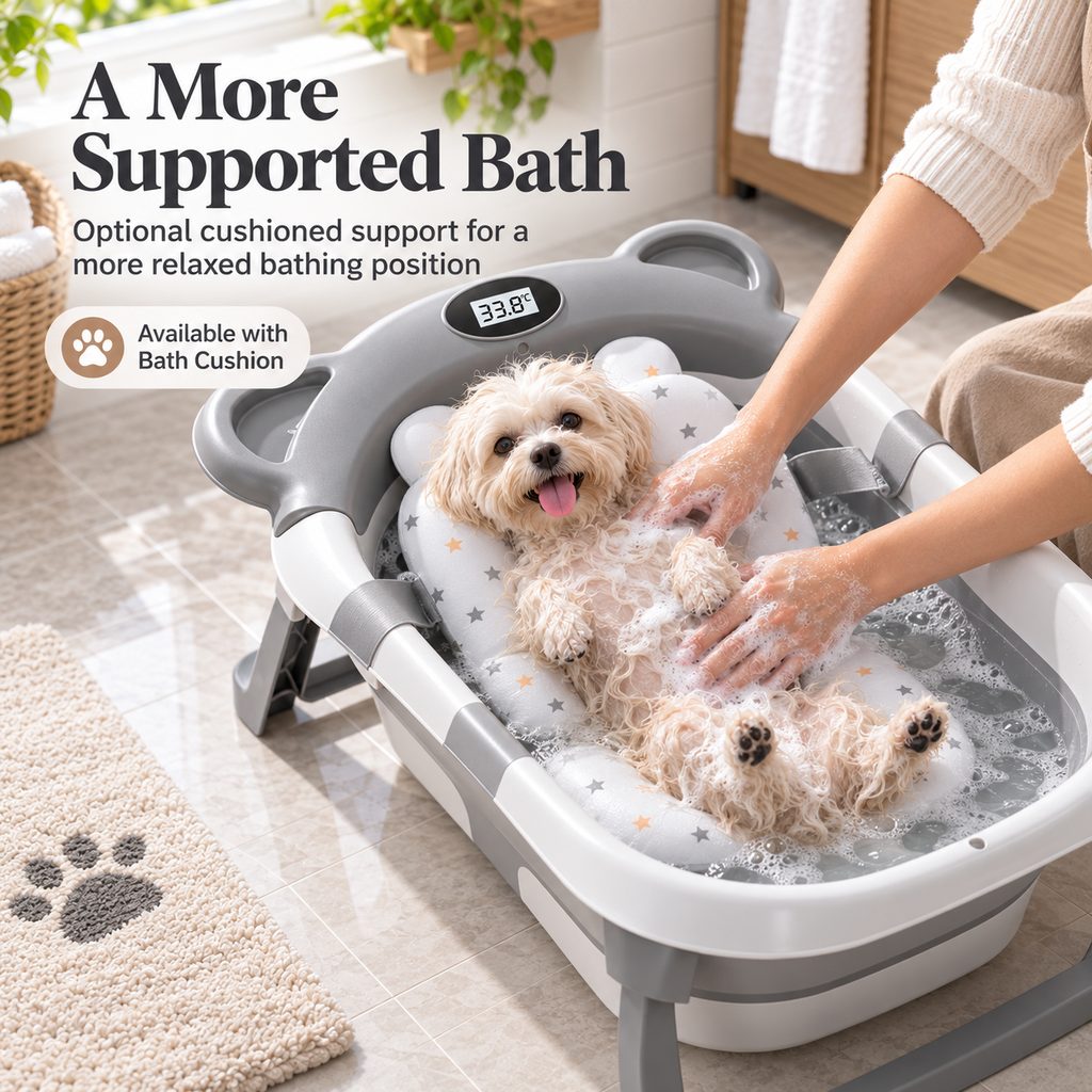 Gray collapsible pet bathtub with supportive bath cushion