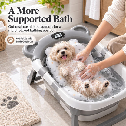 Gray collapsible pet bathtub with supportive bath cushion