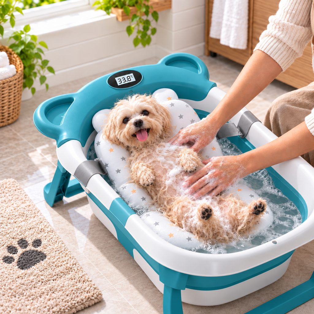 Teal collapsible pet bathtub with bath cushion
