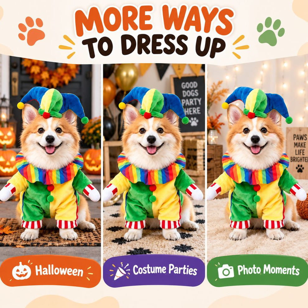 Colorful clown pet costume with rainbow ruffle and pom-pom details