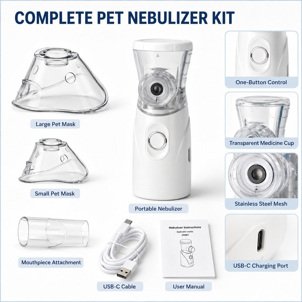 Complete pet nebulizer kit includes masks cable and manual