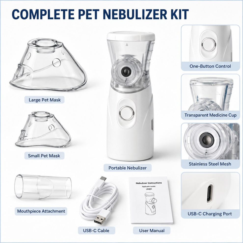 Complete pet nebulizer kit includes masks cable and manual