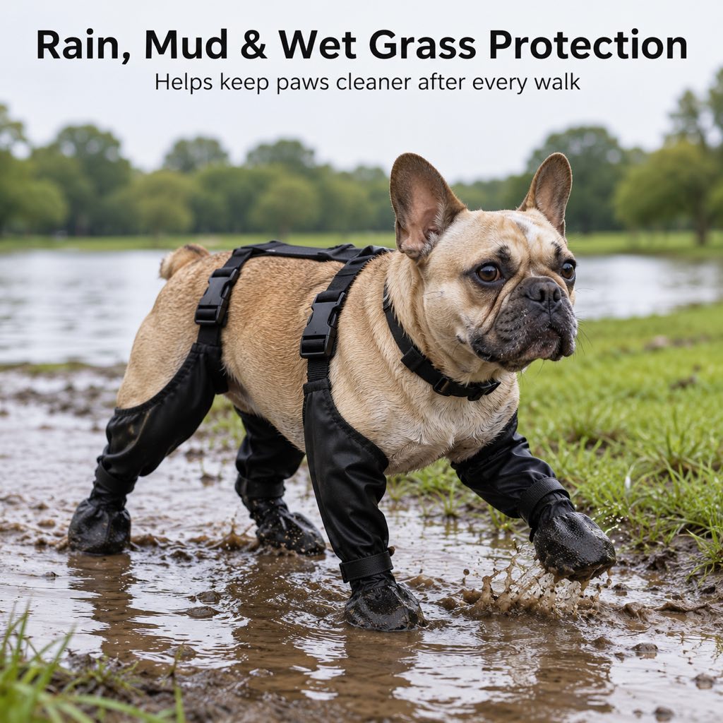 Connected harness dog boots with stay-on design