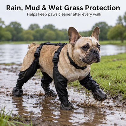 Connected harness dog boots with stay-on design