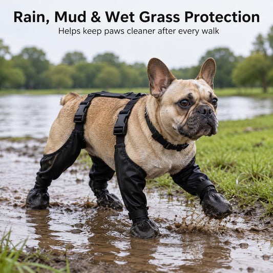Connected harness dog boots with stay-on design