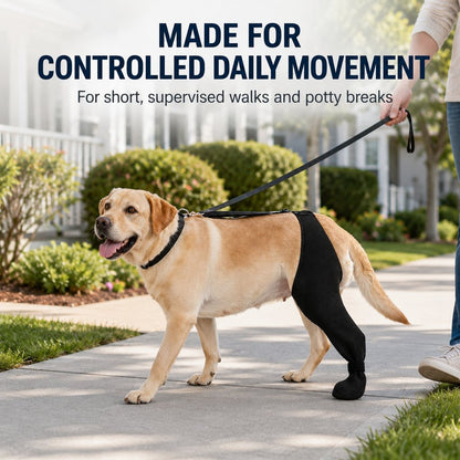 Dog rear leg sleeve for controlled daily movement