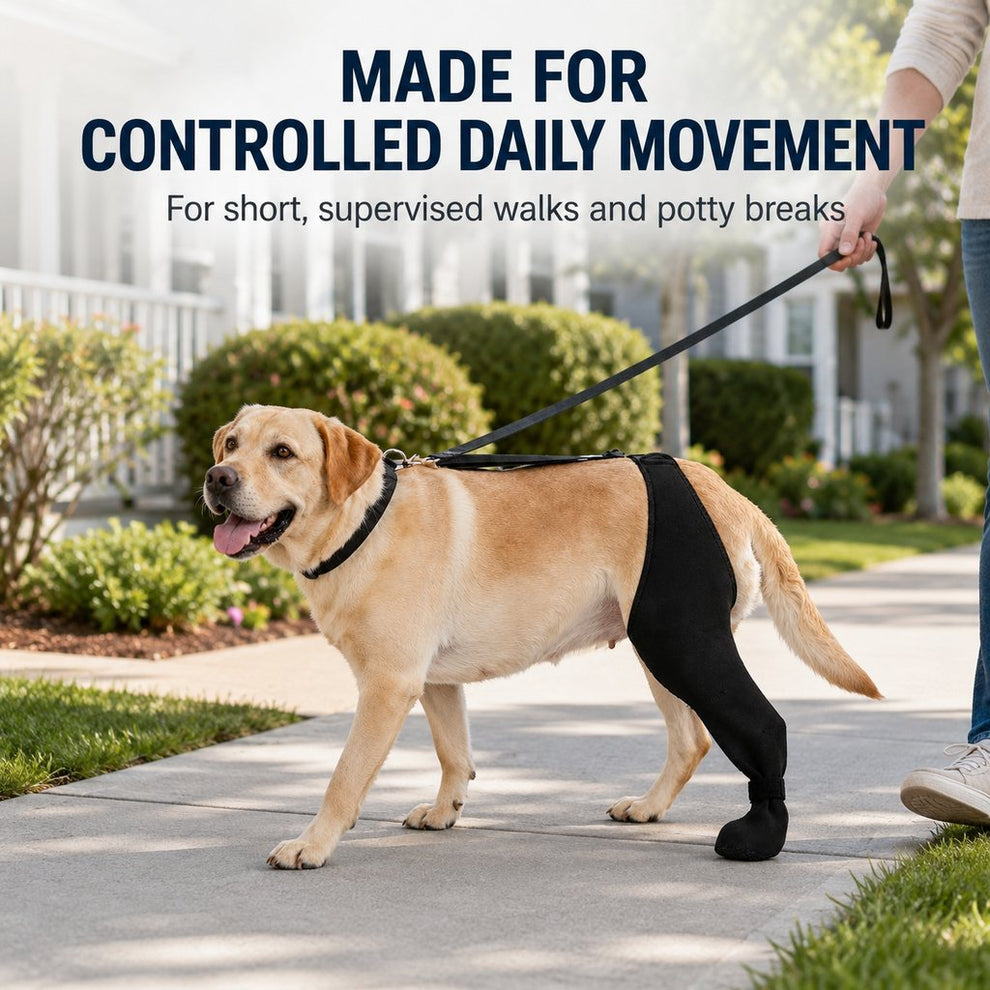 Dog rear leg sleeve for controlled daily movement