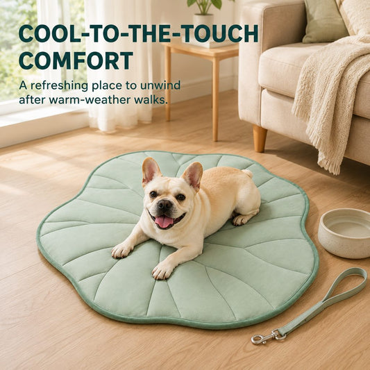 Cool-touch lotus leaf pet mat for warm days