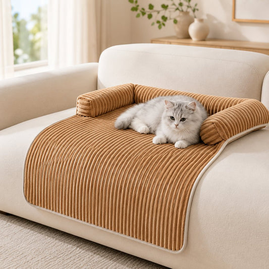 Tan corduroy pet couch cover with cat on sofa